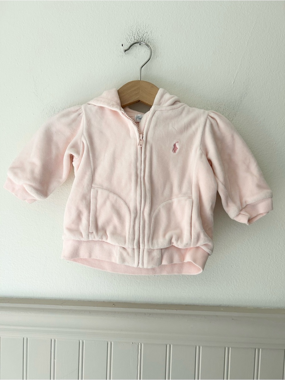 Vintage Ralph Lauren Baby Girls 6 Months Light Pink Velour Zip Hoodie